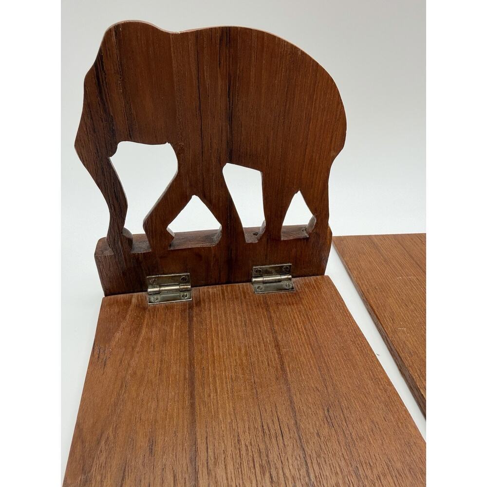 Vintage Wooden Carved Elephant Folding Bookends Set of 2 Brown Hand Carved - Picture 2 of 12